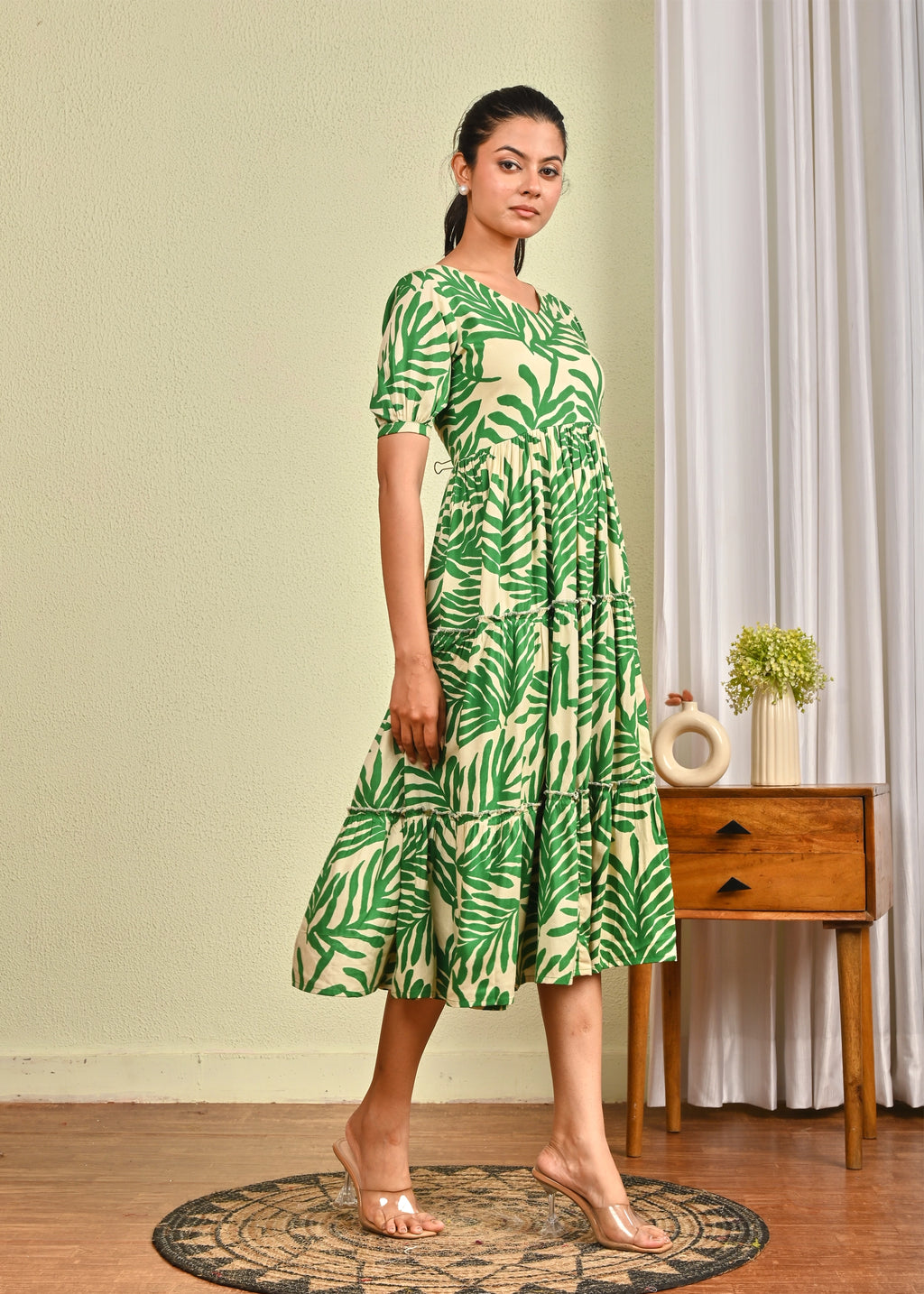 Swinging Green Leaf Print Tiered Dress