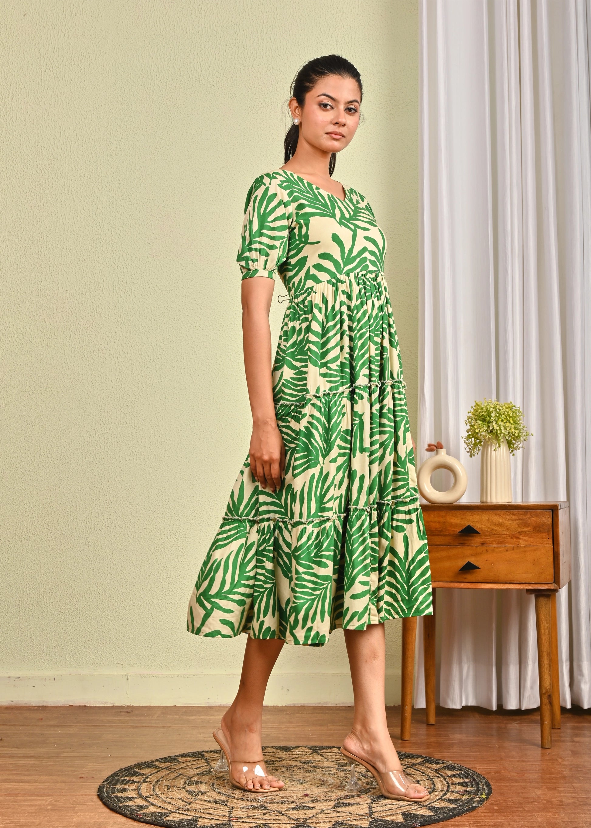 Swinging Green Leaf Print Tiered Dress