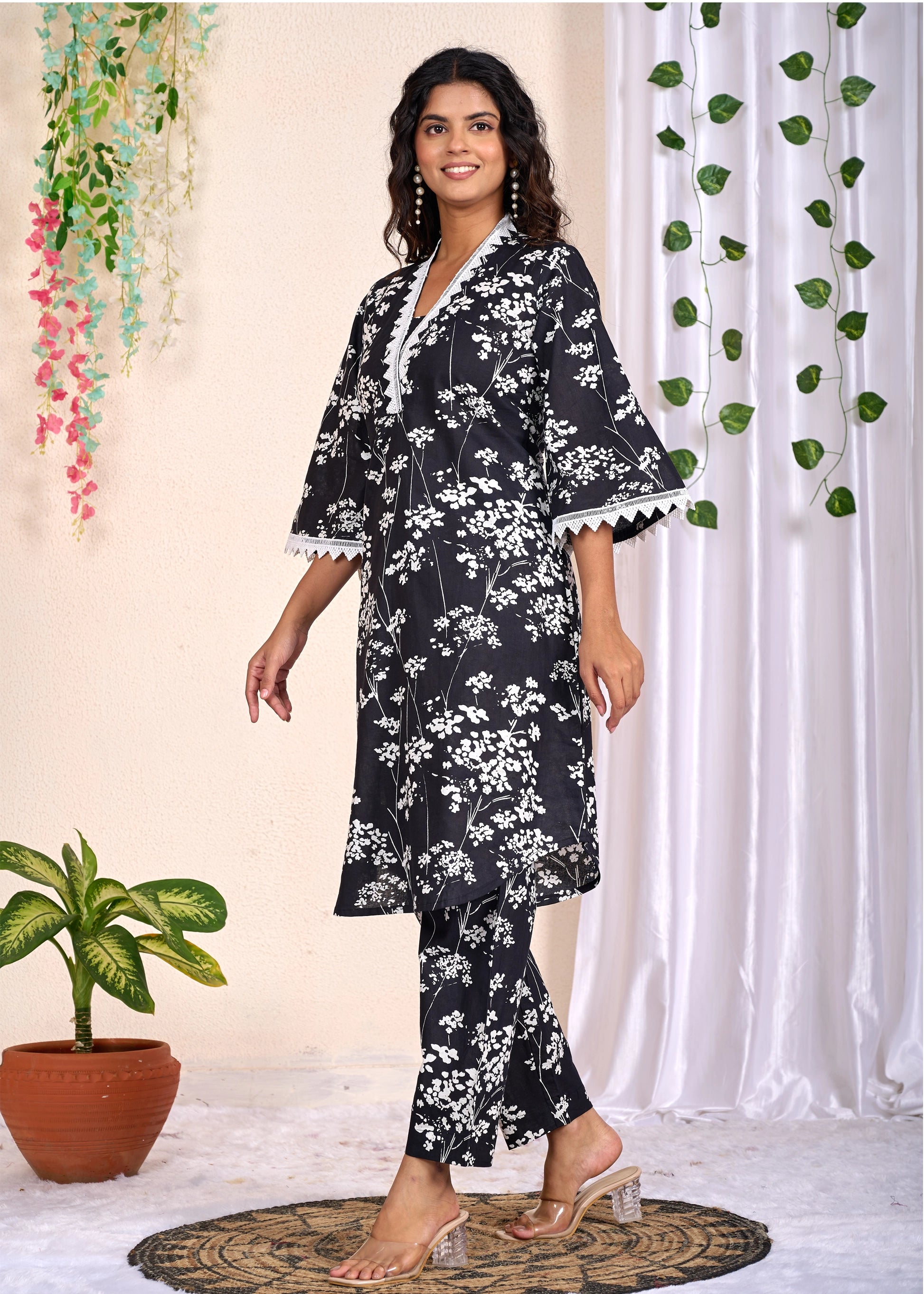 Black Floral Printed Cotton Kurta Set