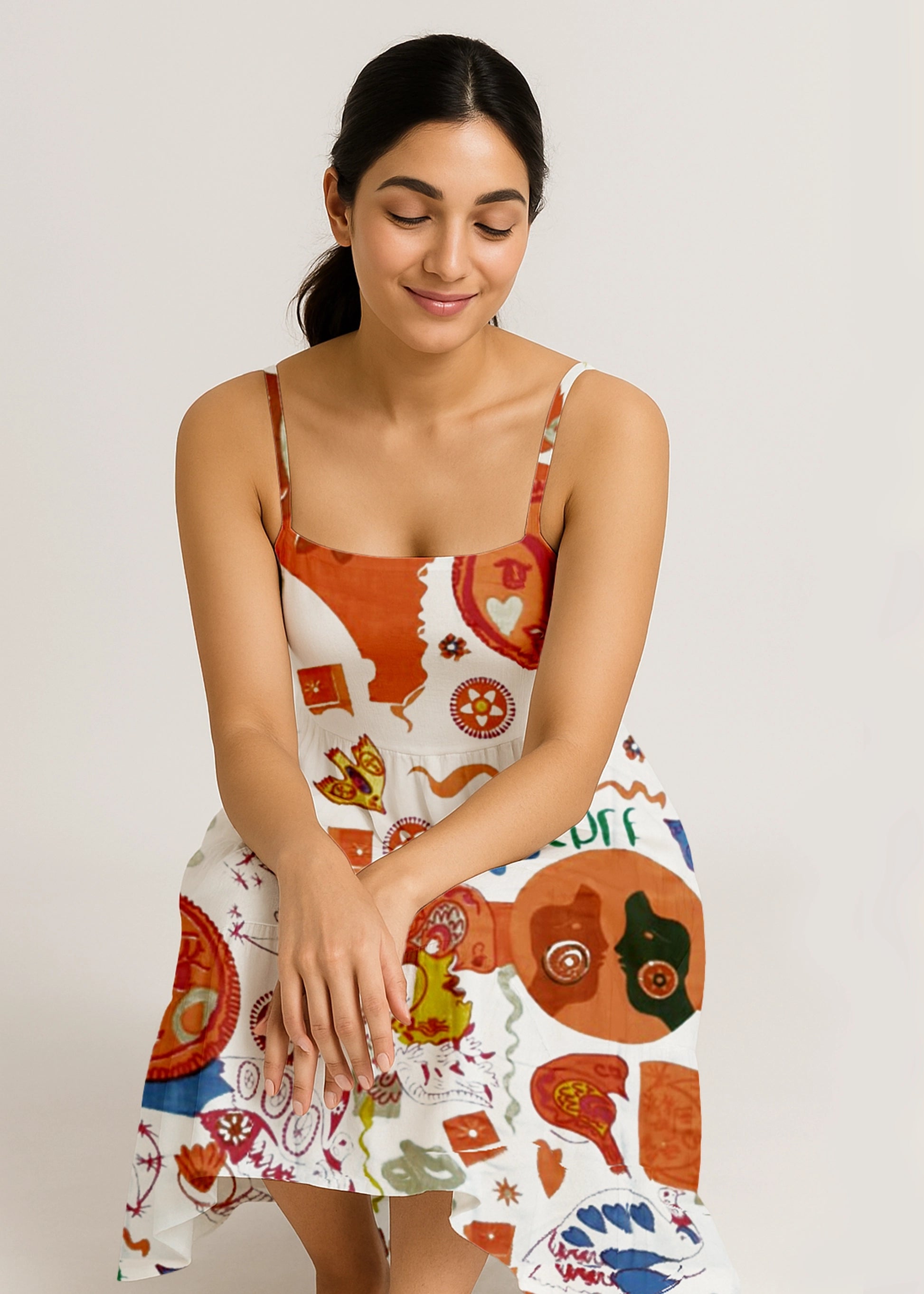 Boho-Multicolor Abstract Print Midi Dress