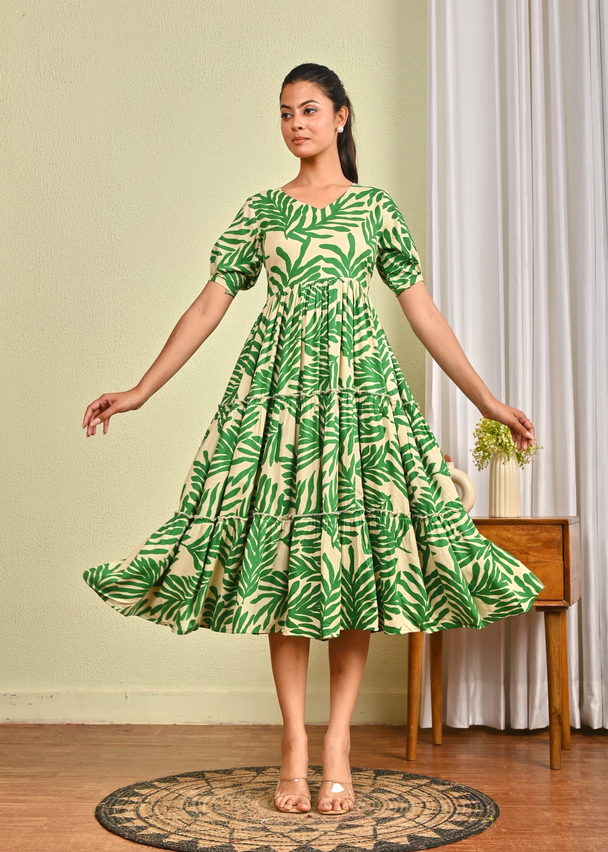 Swinging Green Leaf Print Tiered Dress