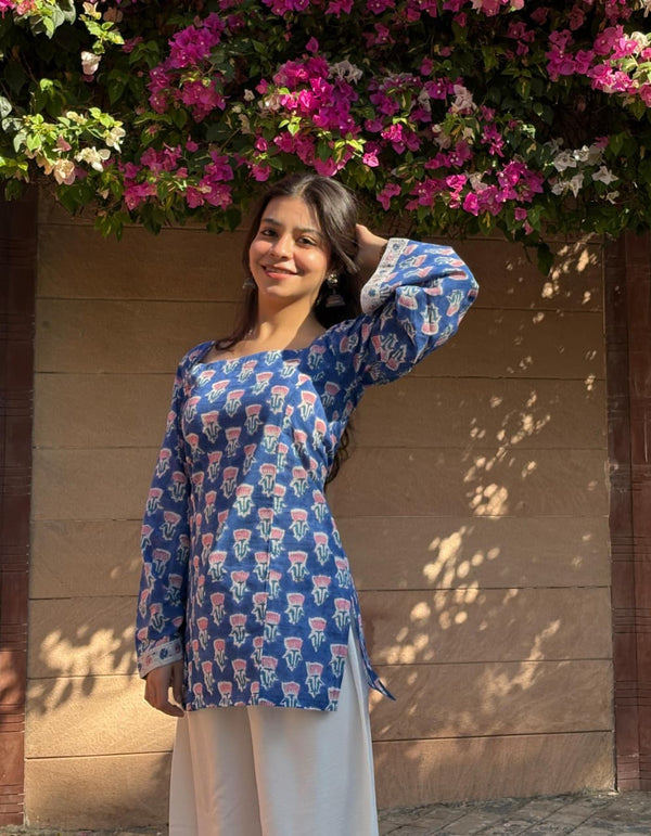 Floral Printed Square Neck Pure Cotton Kurti