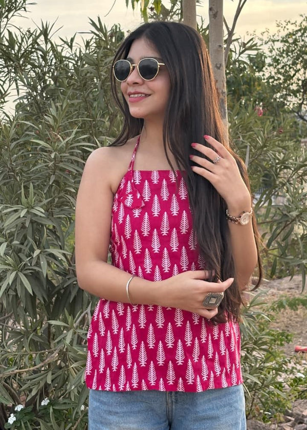 Pink Botanical Print Halter Neck Kurti