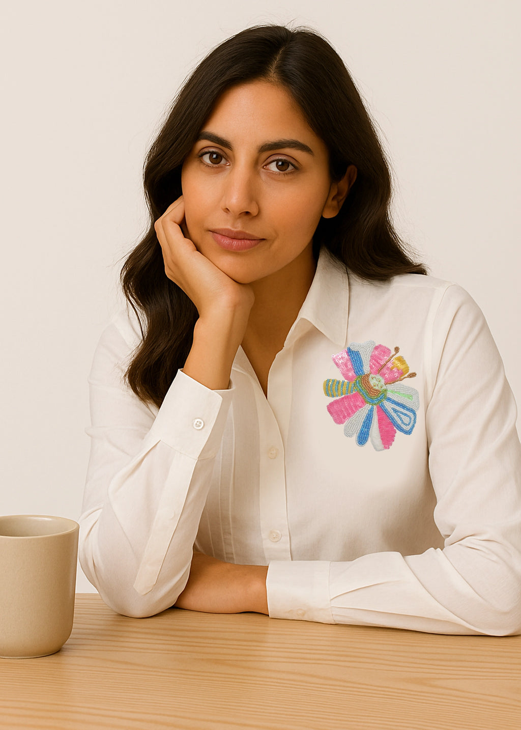 Multicolor Floral Hand Embroidery White Cotton Shirt