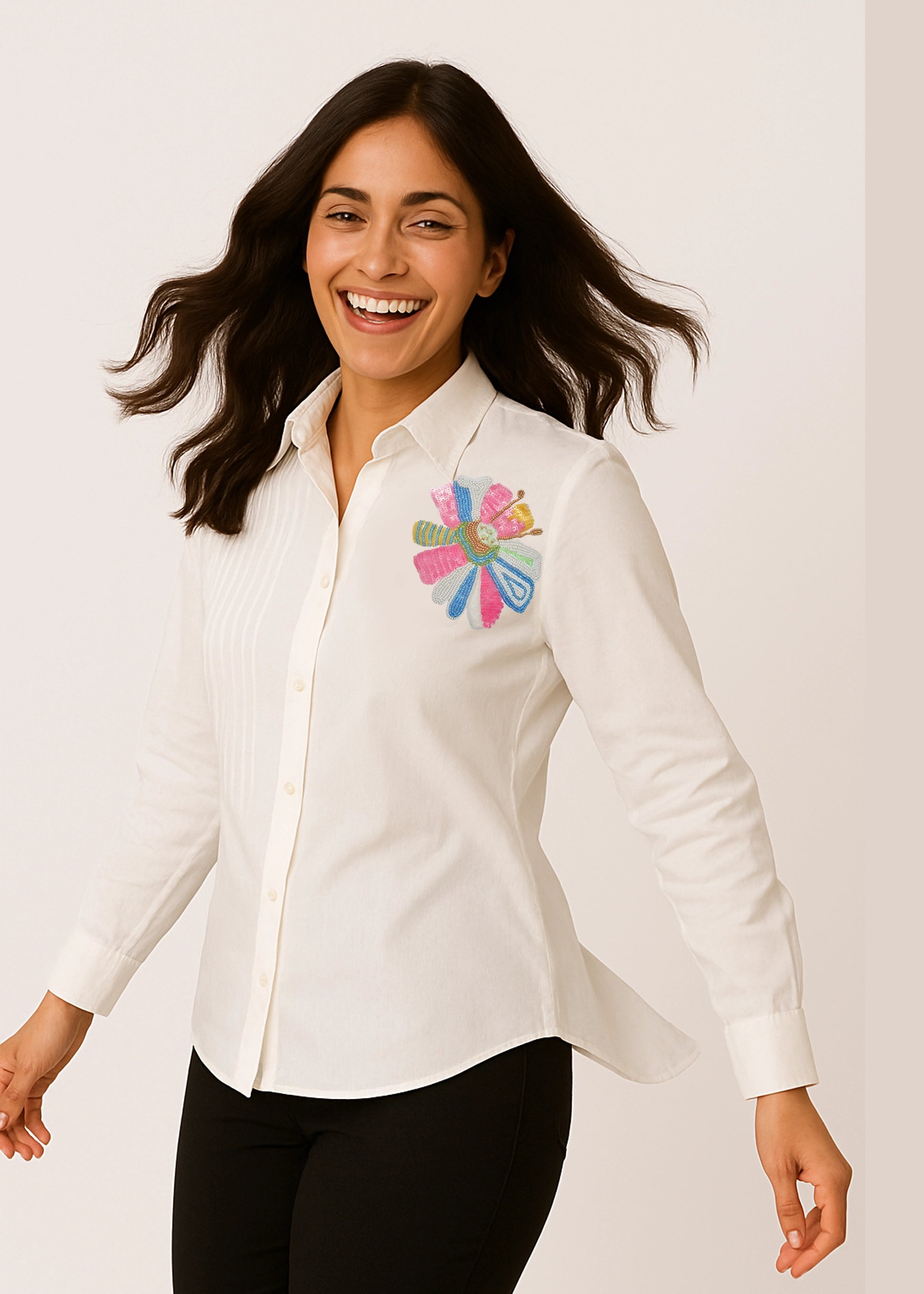Multicolor Floral Hand Embroidery White Cotton Shirt