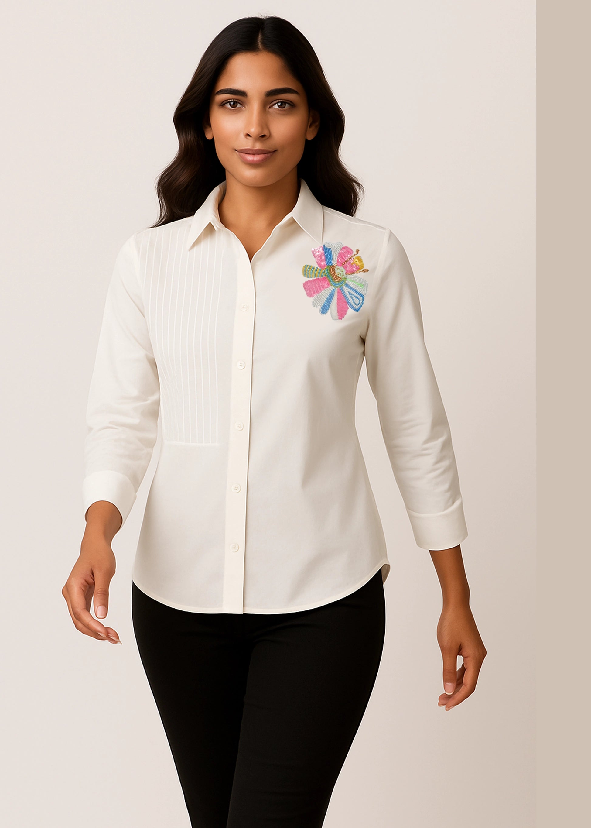 Multicolor Floral Hand Embroidery White Cotton Shirt