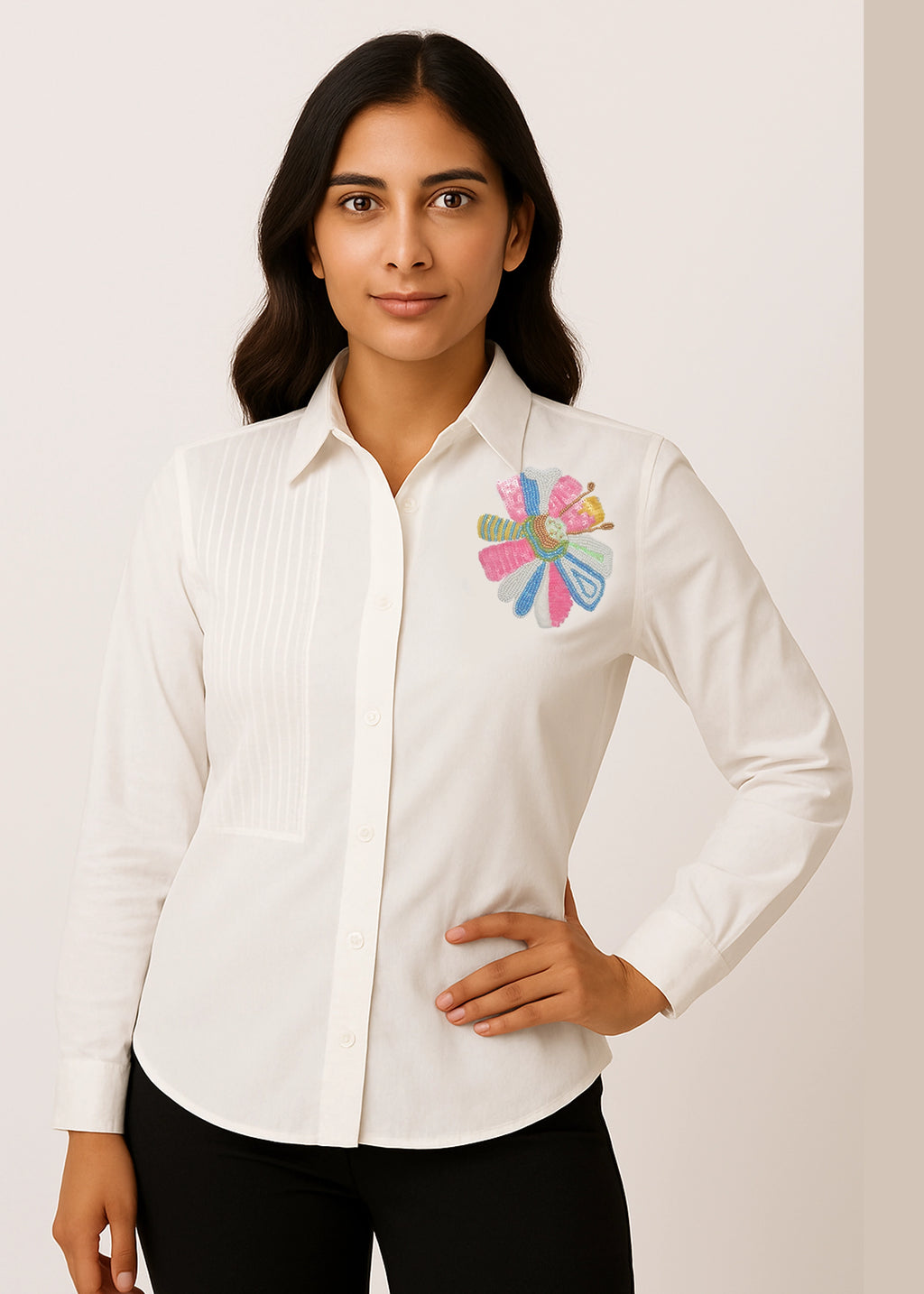 Multicolor Floral Hand Embroidery White Cotton Shirt
