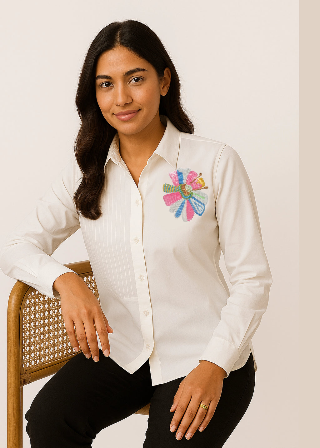 Multicolor Floral Hand Embroidery White Cotton Shirt