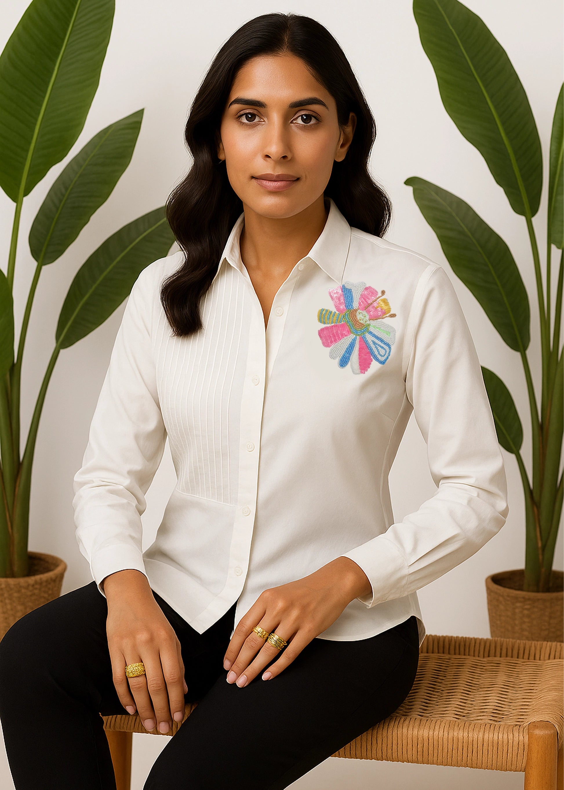 Multicolor Floral Hand Embroidery White Cotton Shirt
