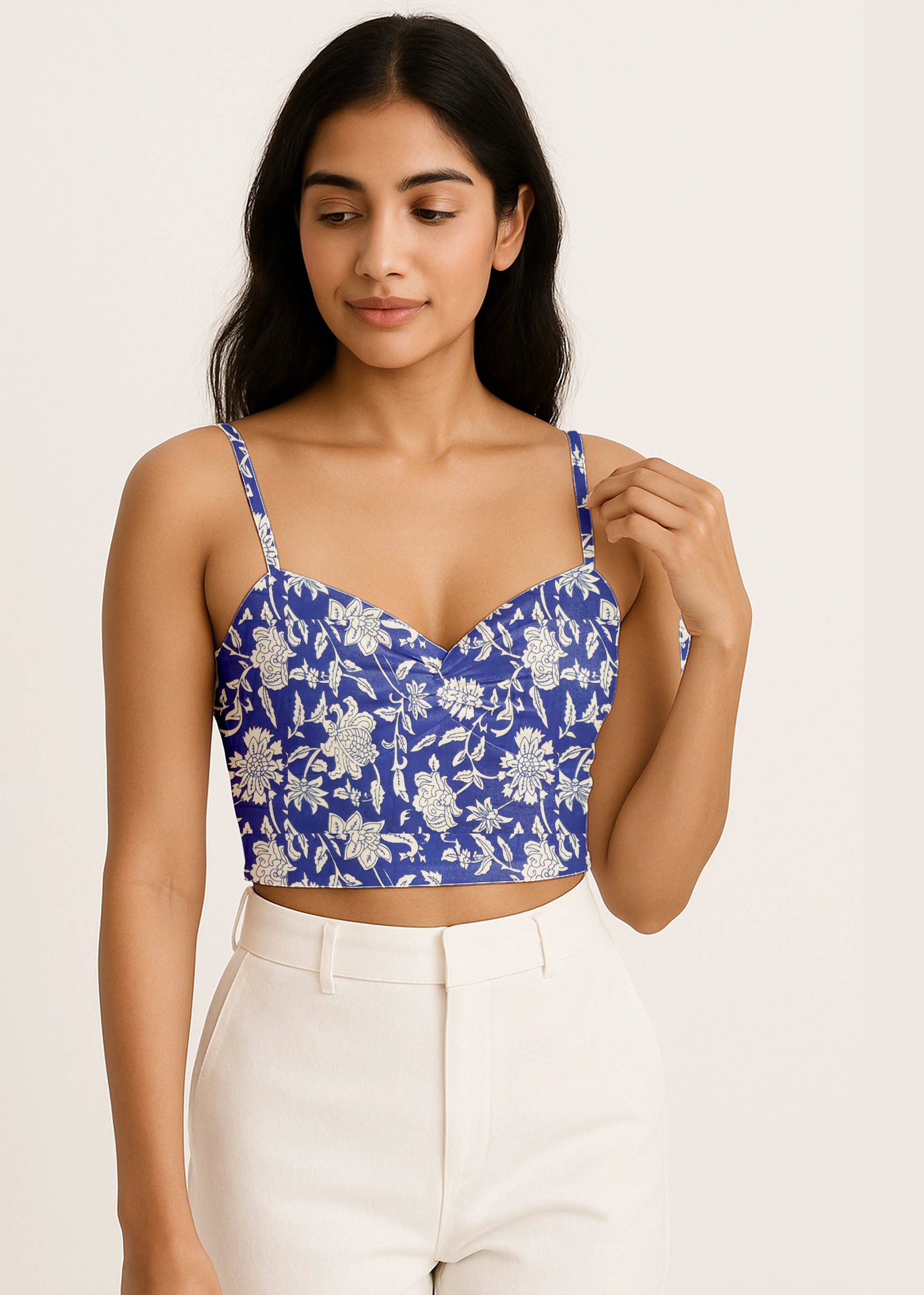Indigo Blue Floral Print Cotton Crop Top