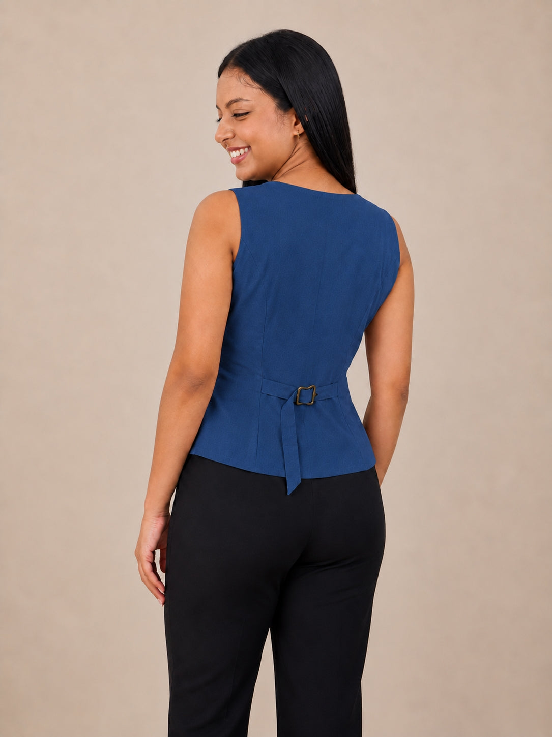 Women's Solid Tailored V-Neck Blue Waistcoat