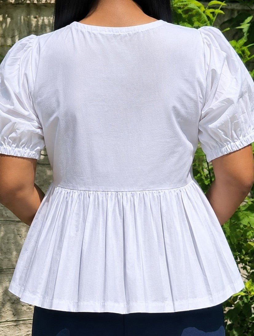 White Poplin Peplum Bow Top