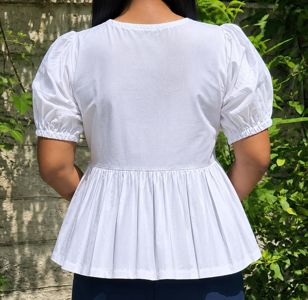 White Poplin Peplum Bow Top