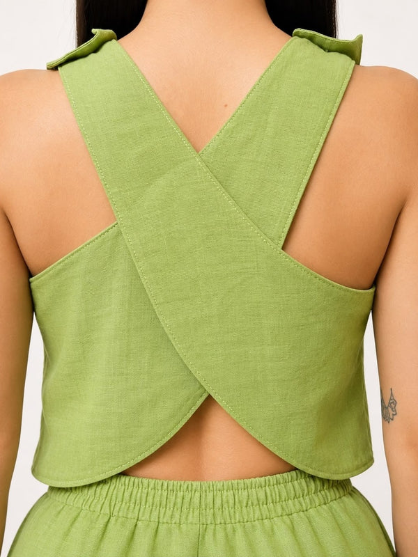 Women Cross Back Green Cotton Top