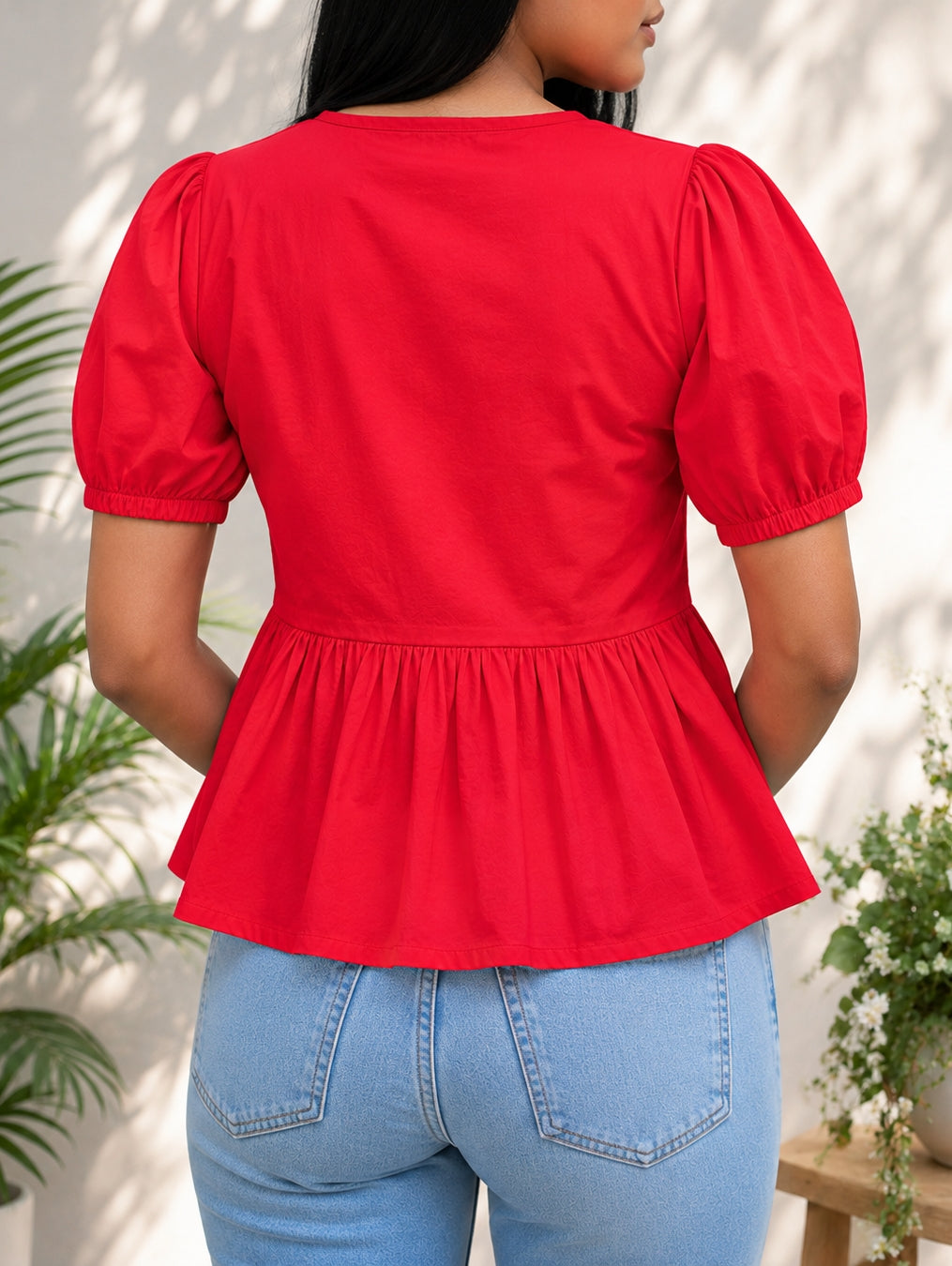 Red Poplin Peplum Bow Top