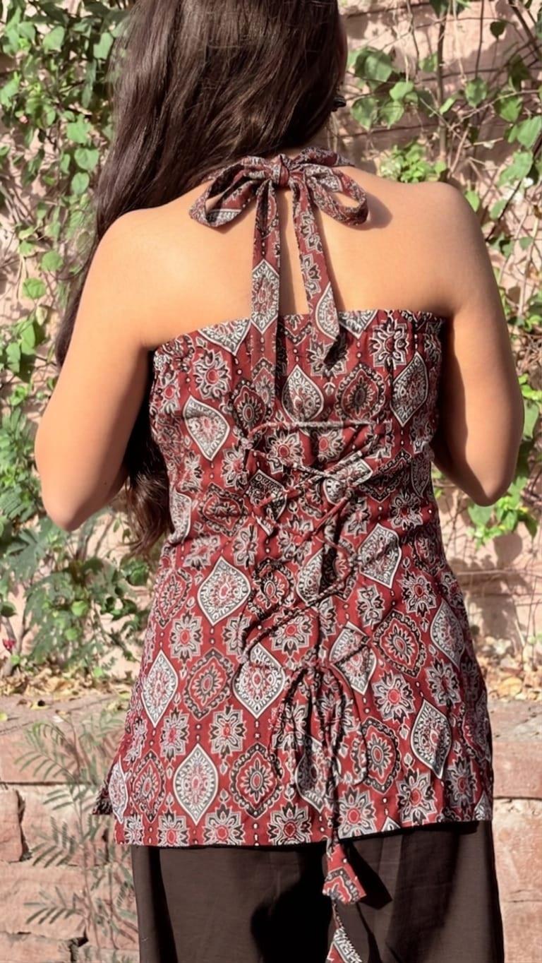 Maroon Ajrakh Halter Neck Short Kurti