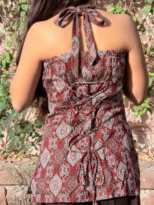 Maroon Ajrakh Halter Neck Short Kurti