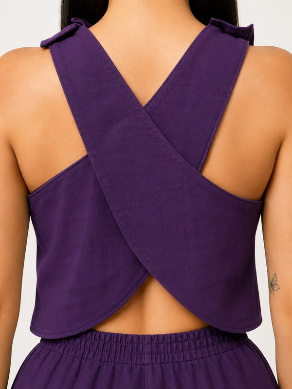 Women Cross Back Purple Cotton Top