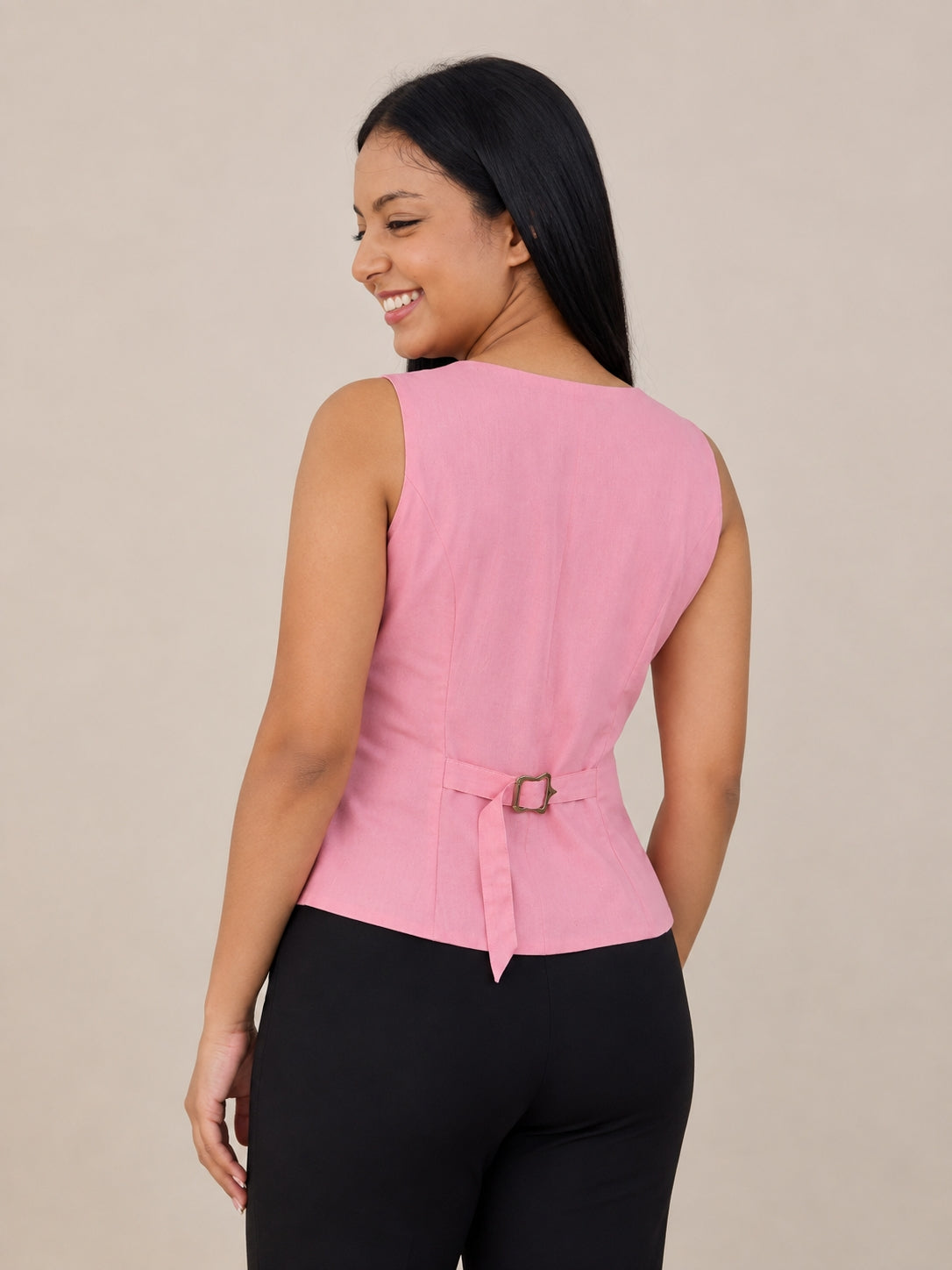 Women's Solid Tailored V-Neck Pink Waistcoat