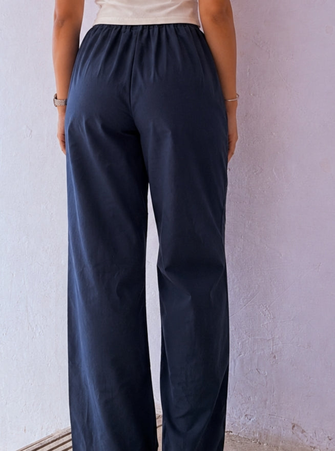 Women Cotton Flex Relaxed Straight Fit Navy Blue Trousers