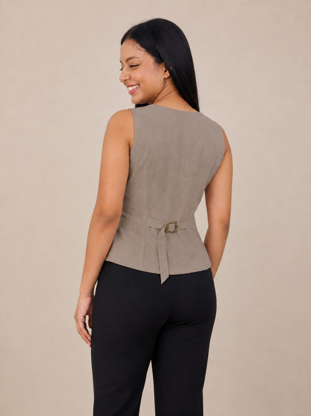Women's Solid Tailored V-Neck Brown Waistcoat