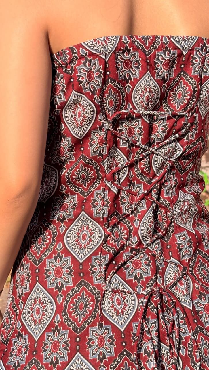 Maroon Ajrakh Halter Neck Short Kurti