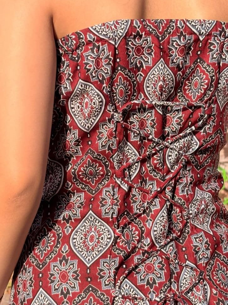 Maroon Ajrakh Halter Neck Short Kurti
