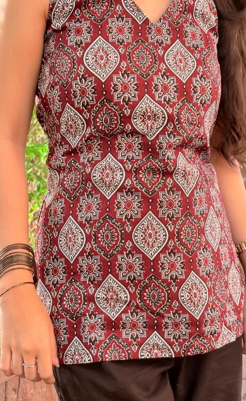 Maroon Ajrakh Halter Neck Short Kurti