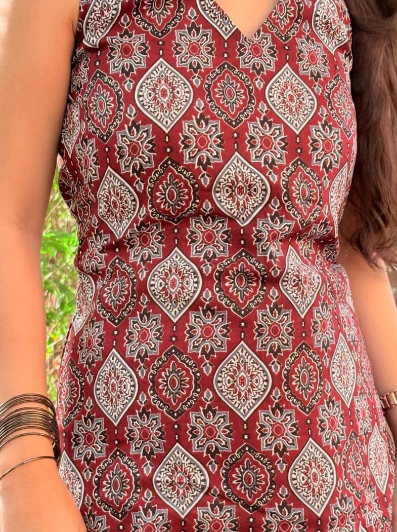 Maroon Ajrakh Halter Neck Short Kurti