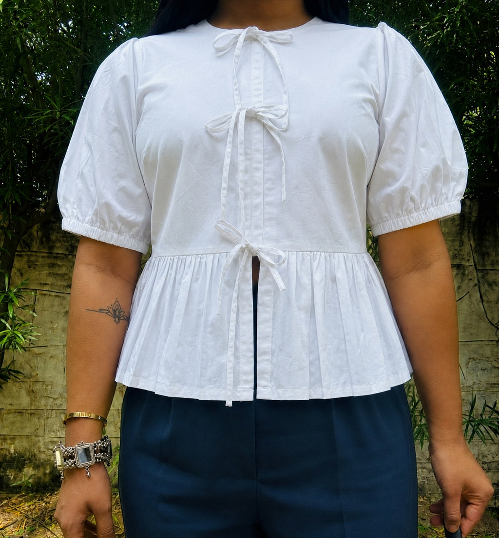 White Poplin Peplum Bow Top