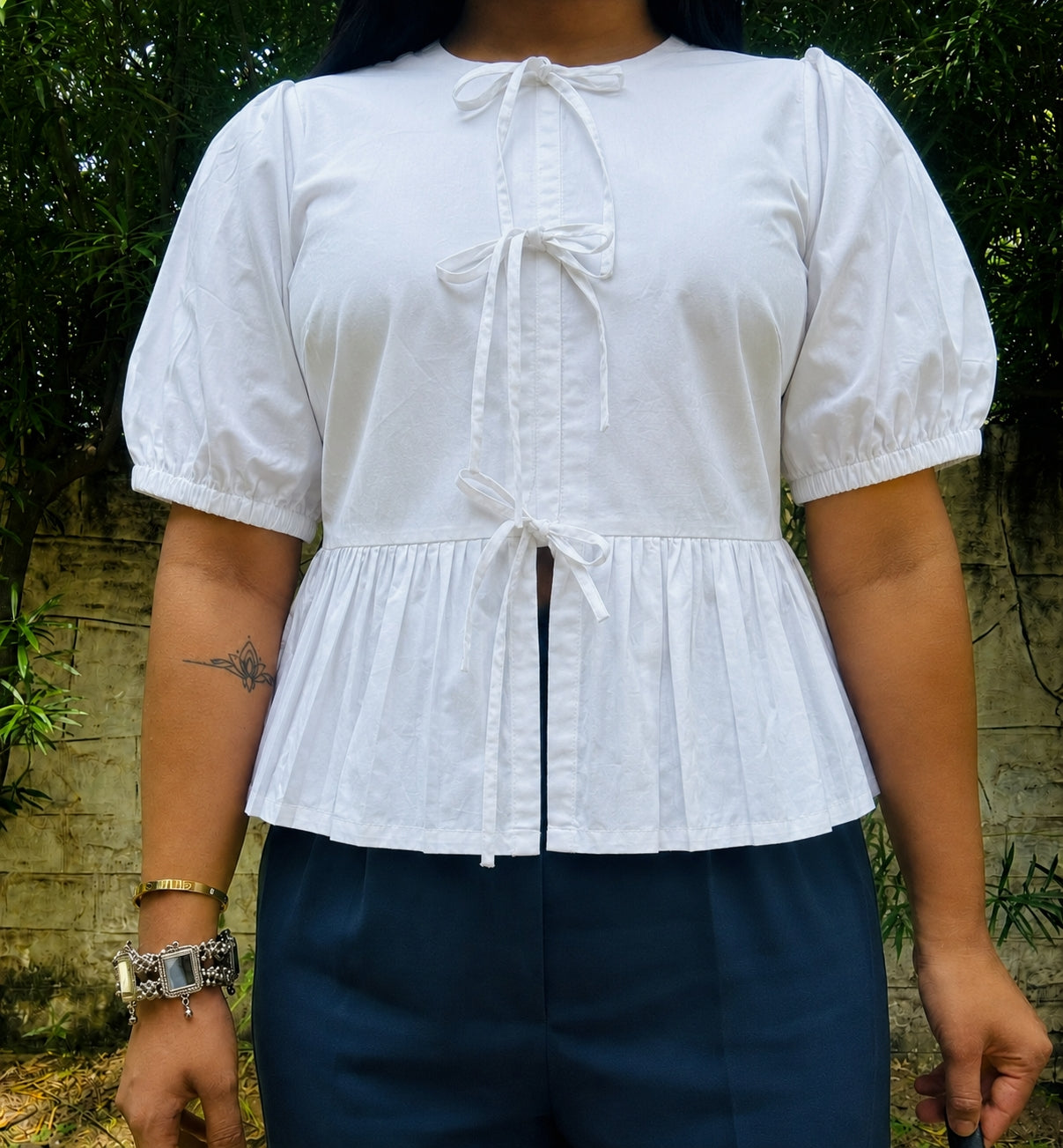 White Poplin Peplum Bow Top