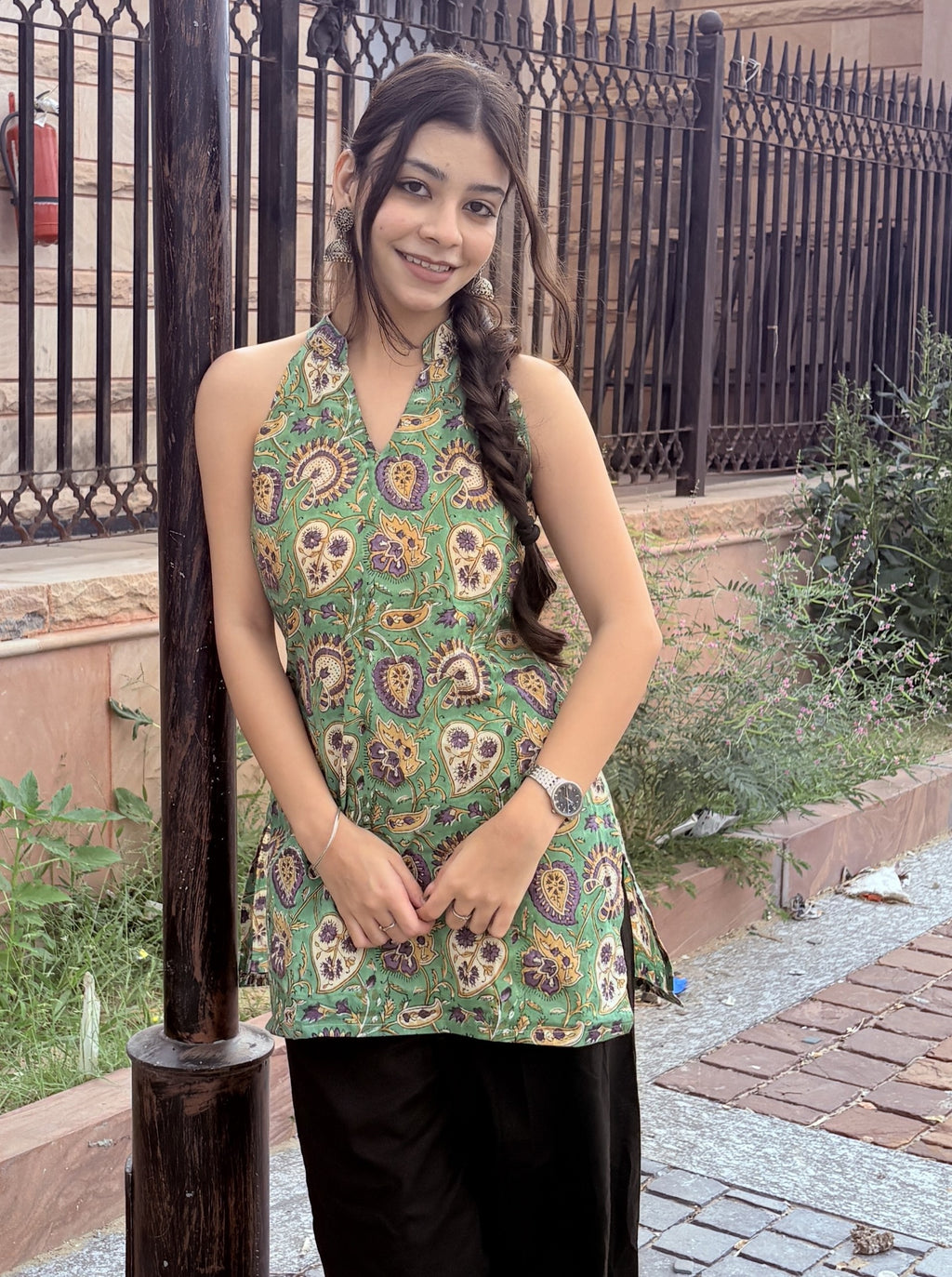 Green Manderian Collar Cotton Kurti