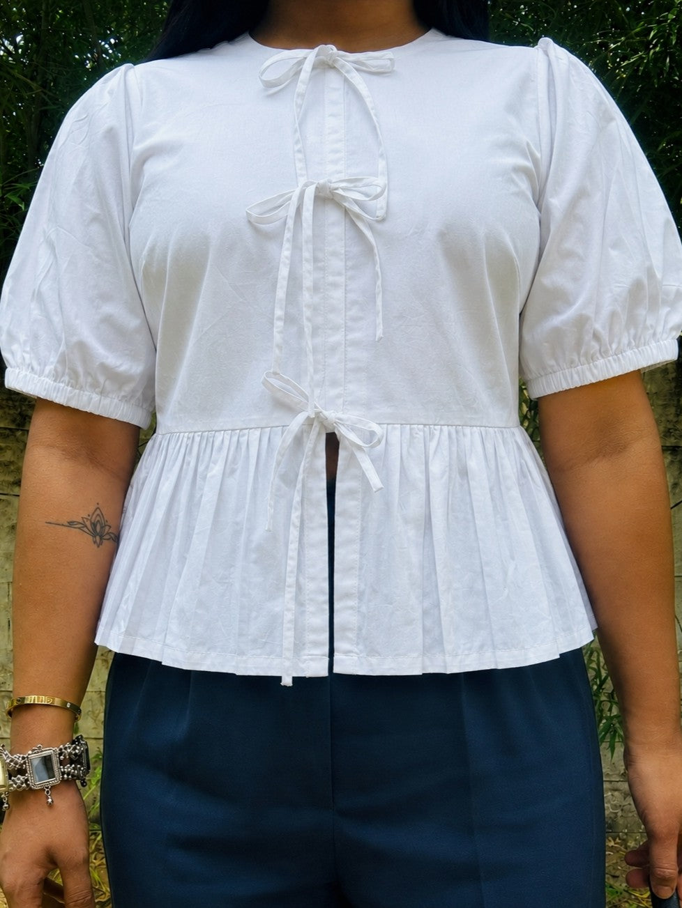 White Poplin Peplum Bow Top