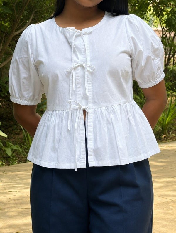 White Poplin Peplum Bow Top