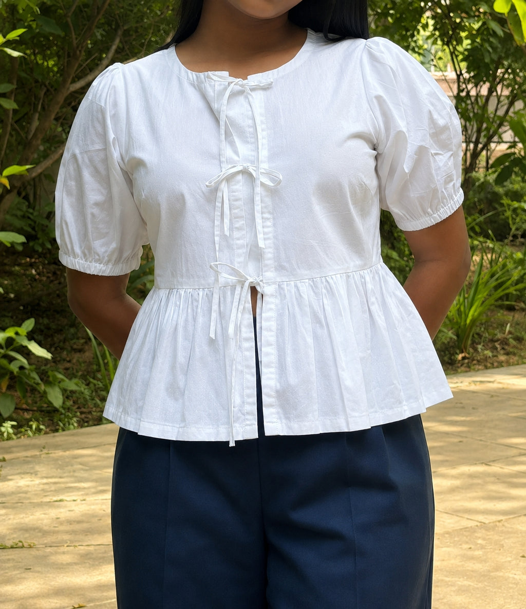 White Poplin Peplum Bow Top