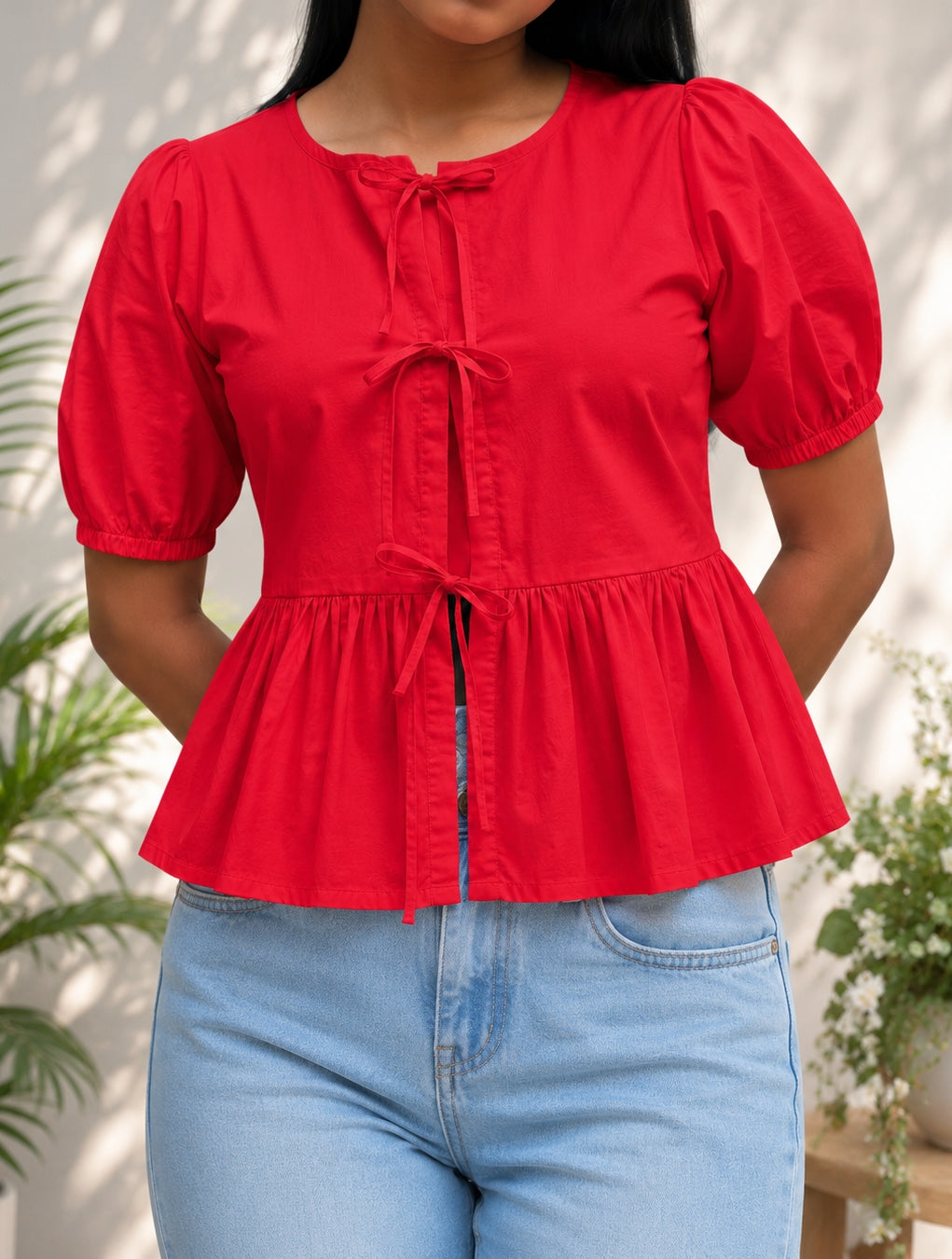 Red Poplin Peplum Bow Top