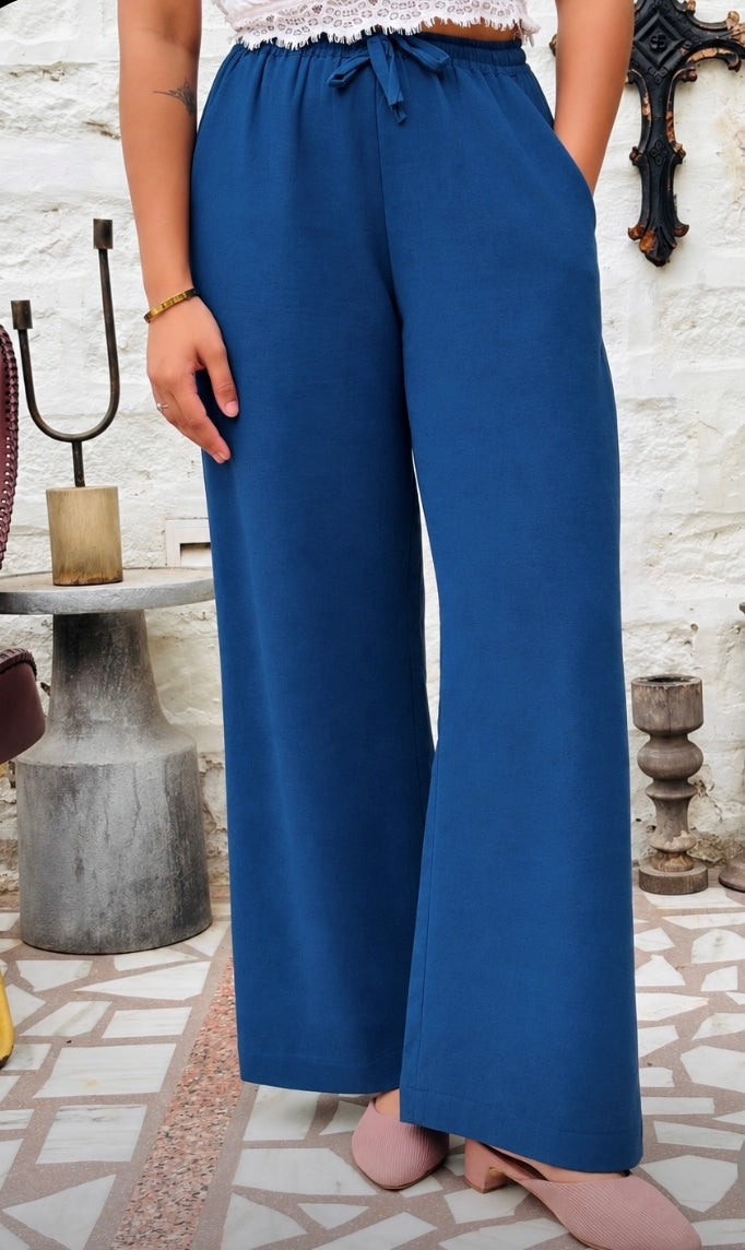 Women Cotton Flex Relaxed Wide-Leg Blue Trousers