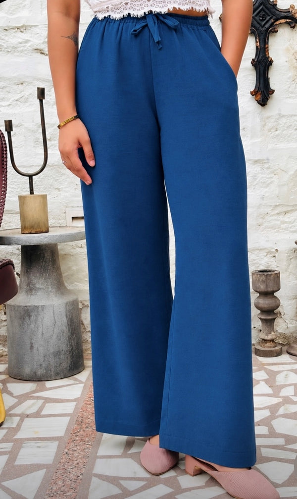 Women Cotton Flex Relaxed Wide-Leg Blue Trousers