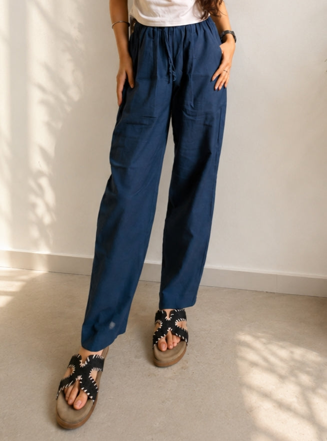 Women Cotton Flex Relaxed Straight Fit Navy Blue Trousers