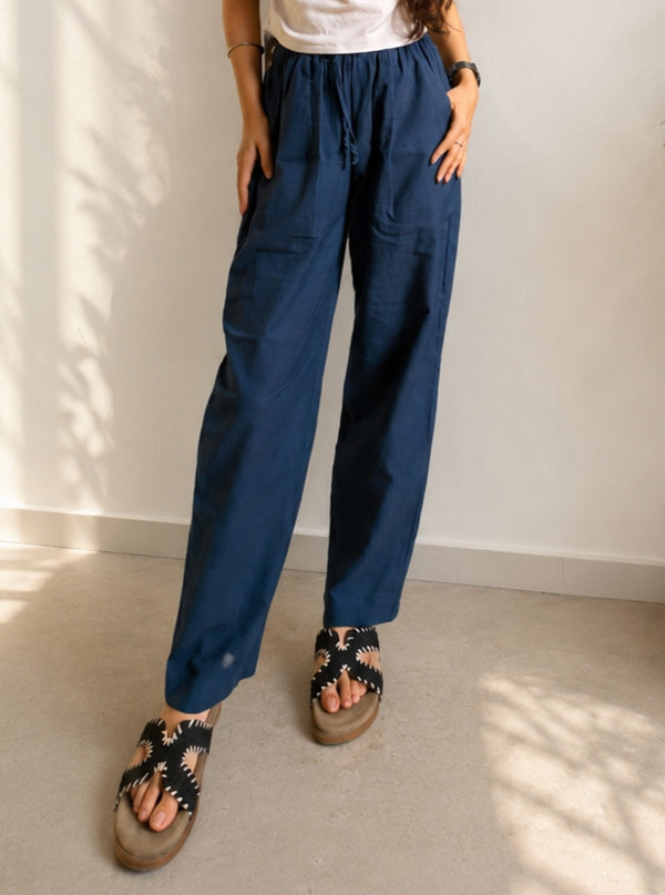 Women Cotton Flex Relaxed Straight Fit Navy Blue Trousers