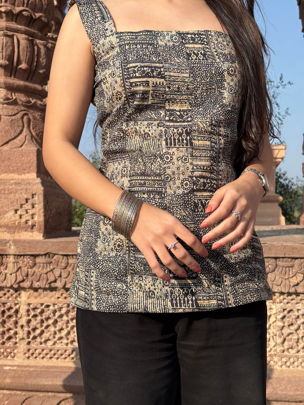 Tribal Block Motifs Square Neck Pure Cotton Kurti
