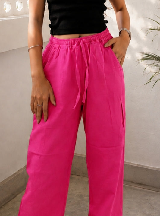 Women Cotton Flex Relaxed Straight Fit Hot Pink Trousers
