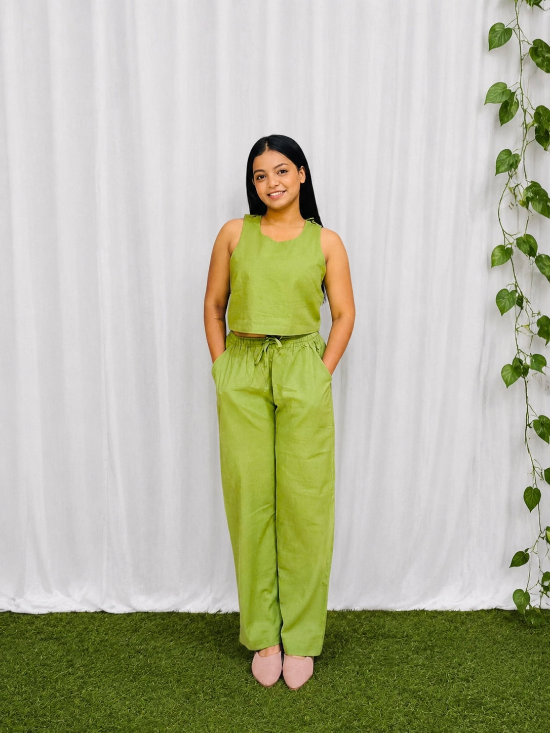 Green Cotton Cross Back top and Bottom Set