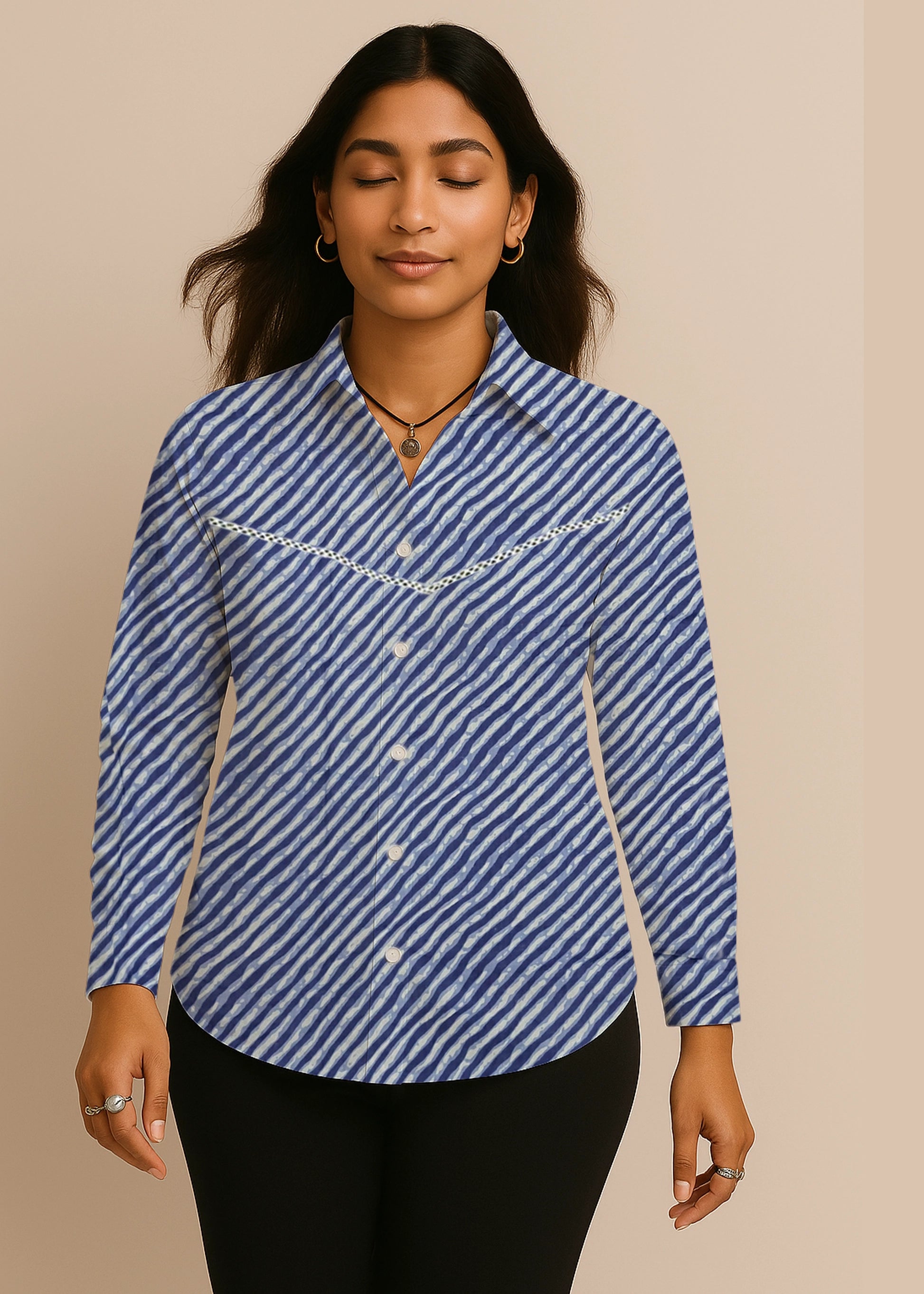 Blue Leheriya Front Yoke Lace Cotton Shirt