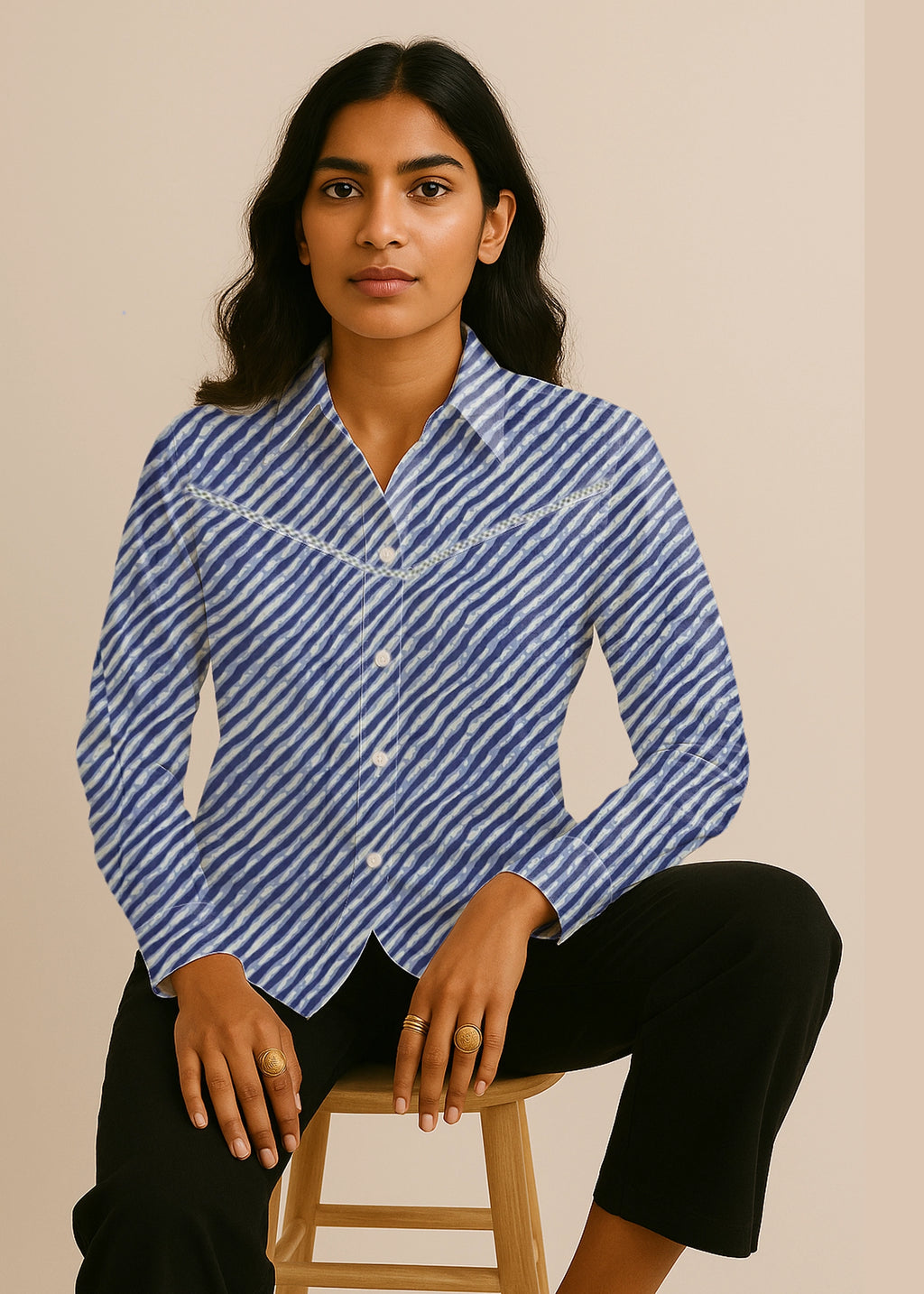 Blue Leheriya Front Yoke Lace Cotton Shirt