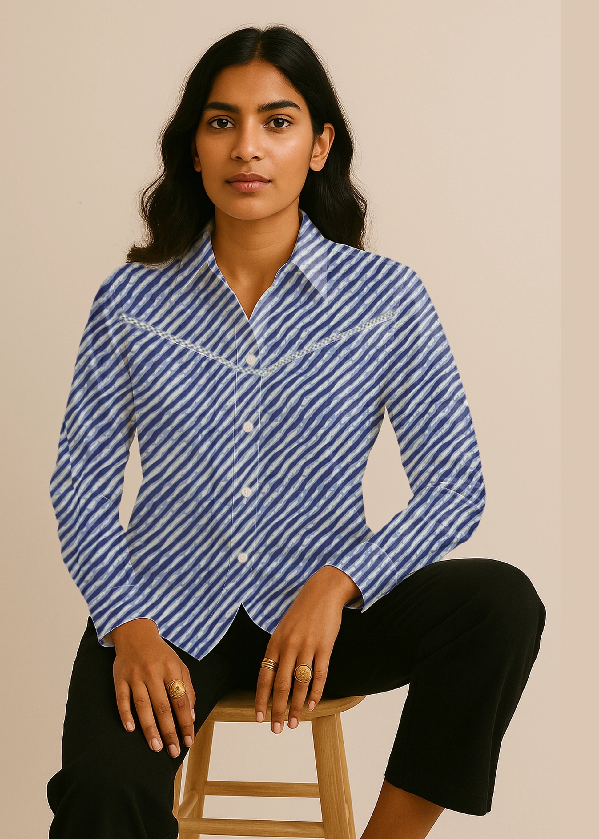 Blue Leheriya Front Yoke Lace Cotton Shirt