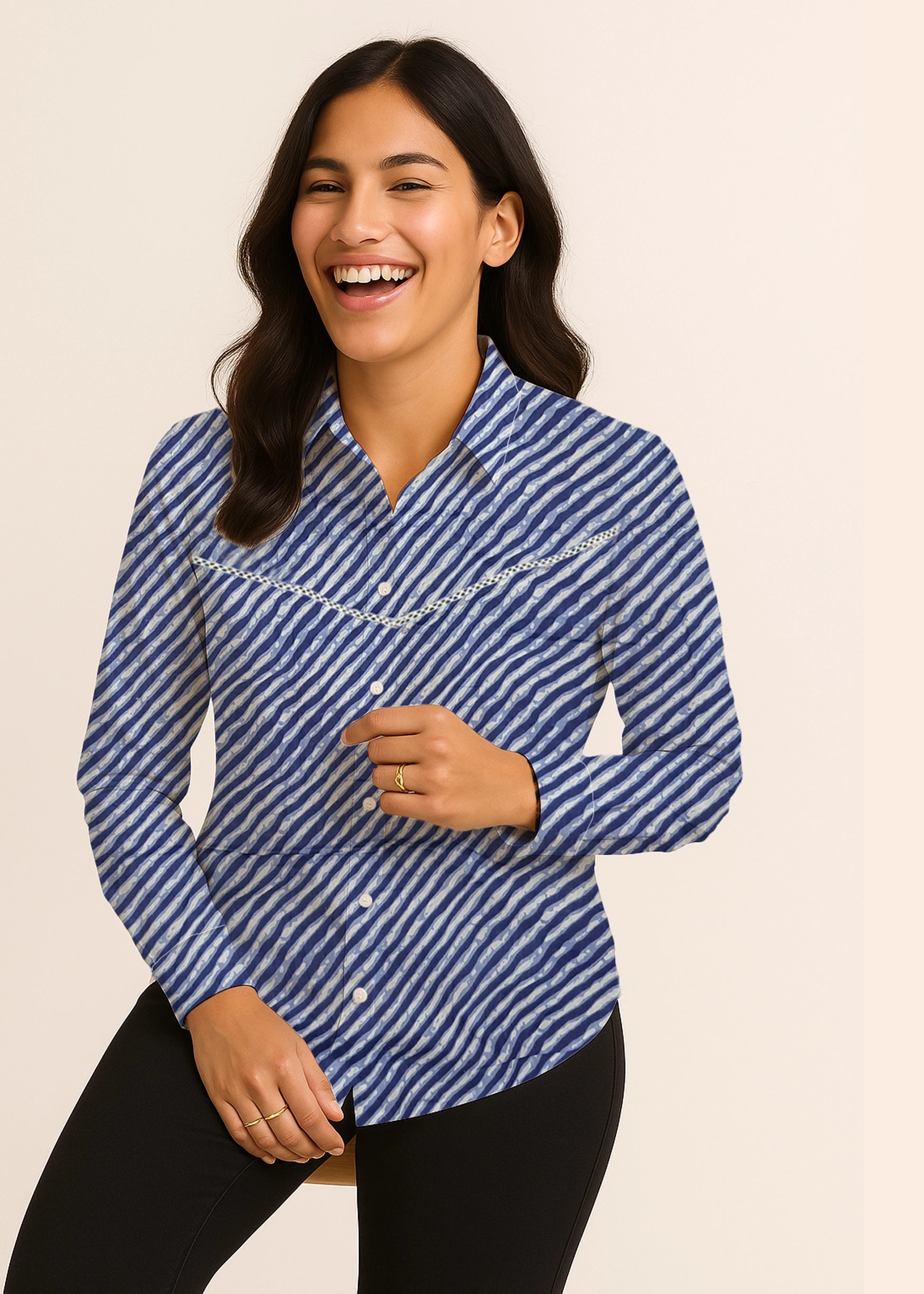 Blue Leheriya Front Yoke Lace Cotton Shirt