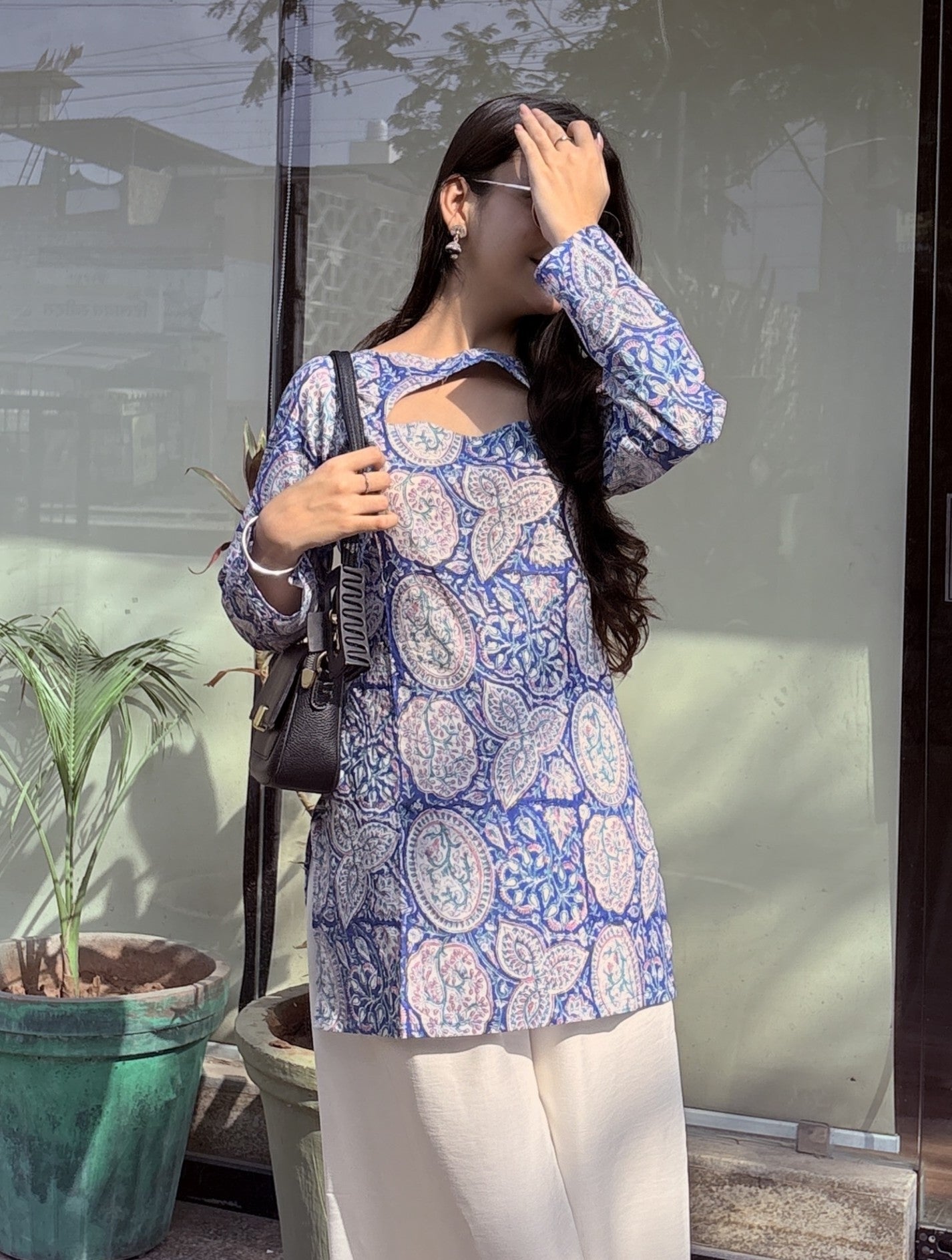 Blue Floral Print Cut-Out Neck Short Kurti
