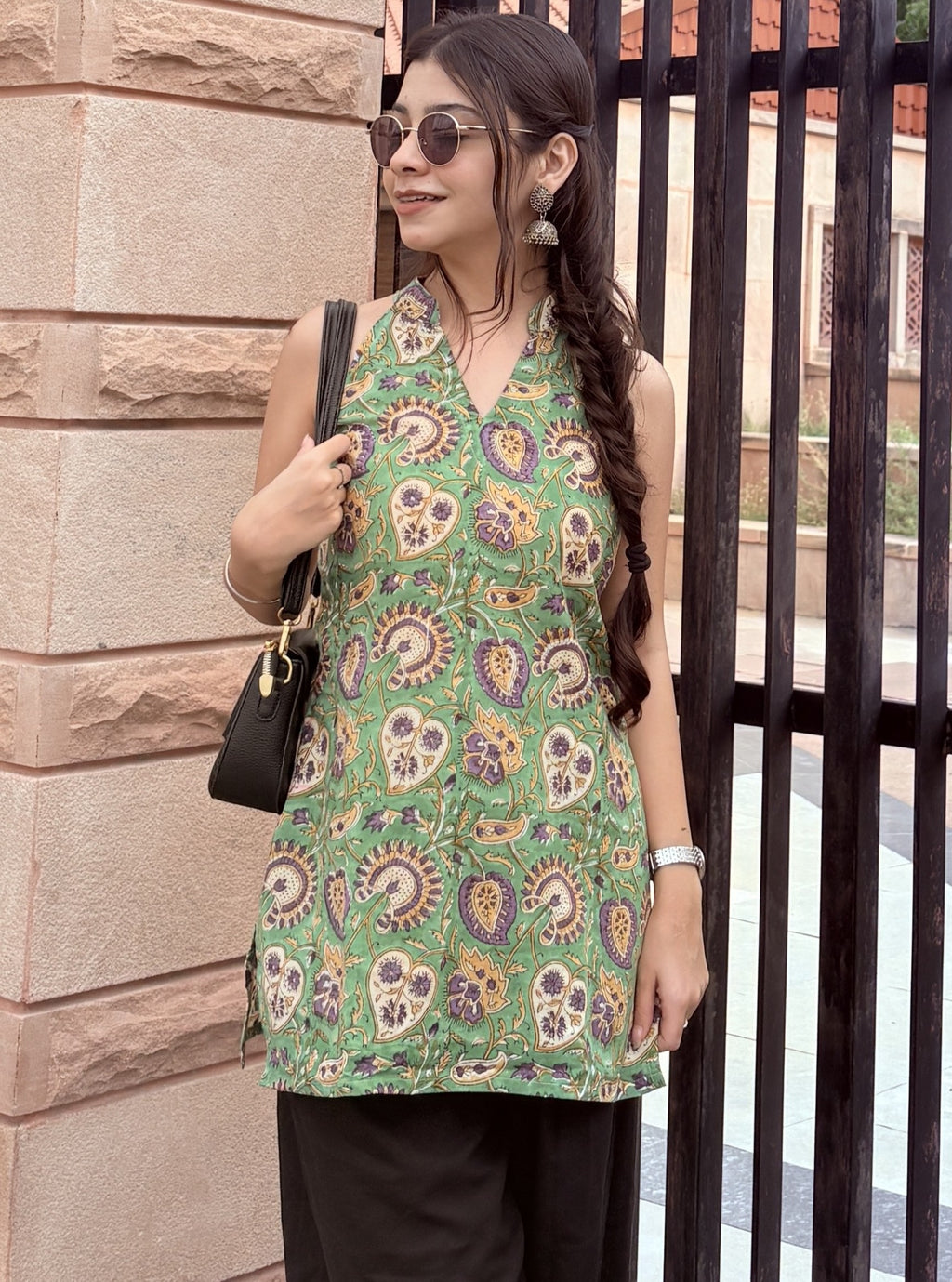 Green Manderian Collar Cotton Kurti