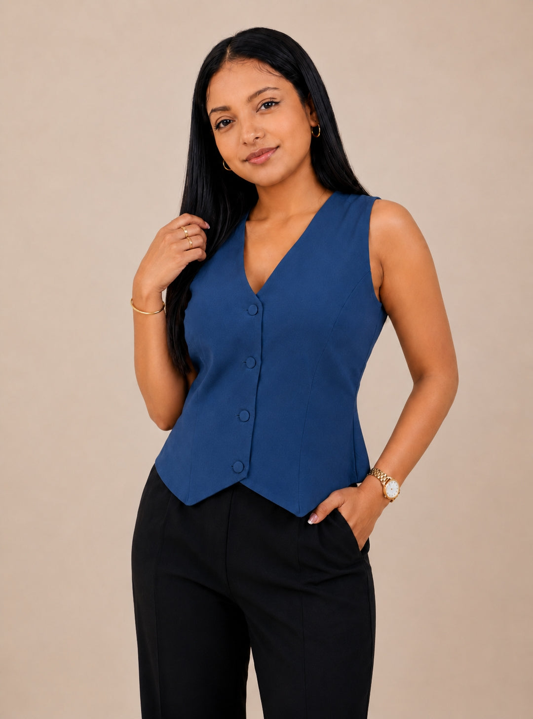 Women's Solid Tailored V-Neck Blue Waistcoat